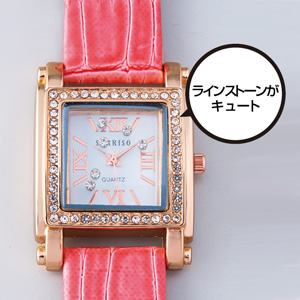 スクエアラインストーン腕時計(ピンク)
