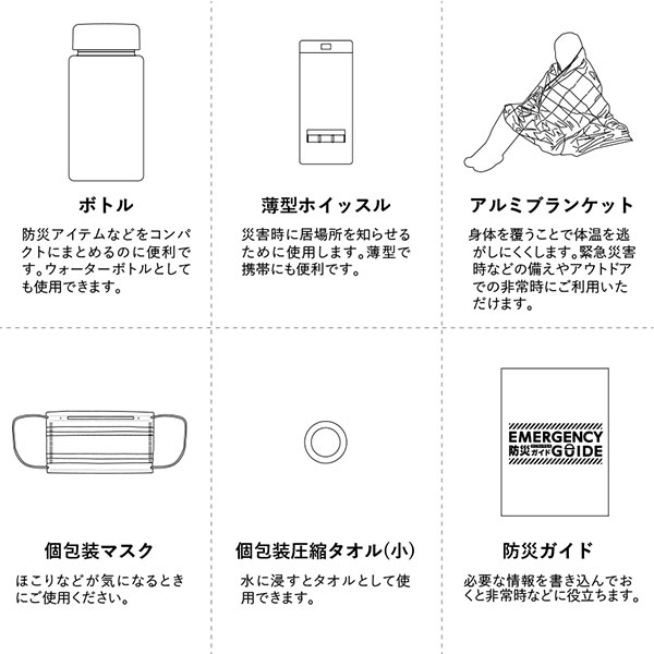 防災緊急6点セット　コンパクトボトルタイプ　ブラック