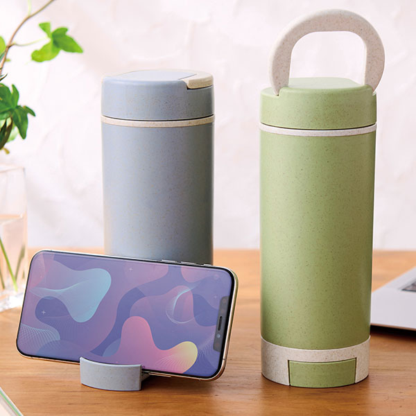 スマホスタンド付きバンブーボトル400ml(ブルー)