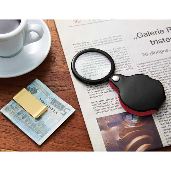 金色のマネークリップ&ポケットルーペセット